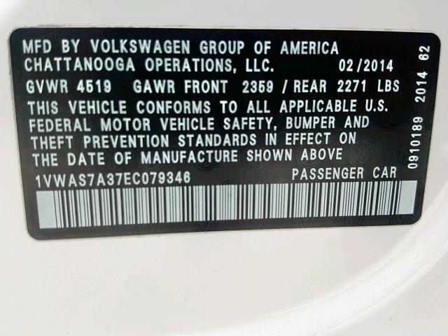 1VWAS7A37EC079346 - 2014 VOLKSWAGEN PASSAT S WHITE photo 10