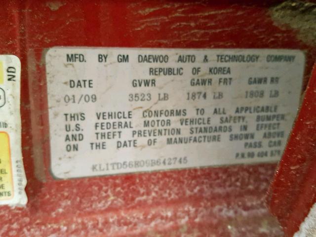 KL1TD56E09B642745 - 2009 CHEVROLET AVEO LS RED photo 10