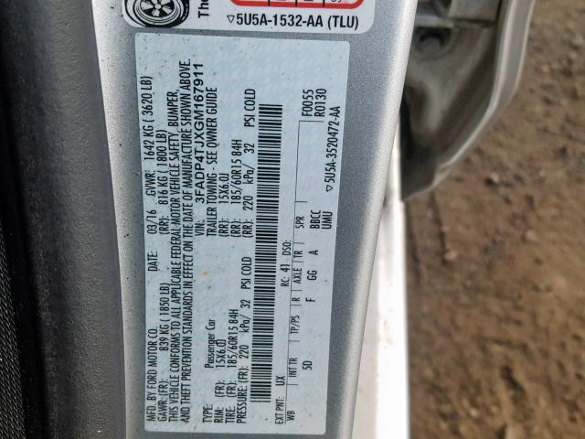 3FADP4TJXGM167911 - 2016 FORD FIESTA S SILVER photo 10