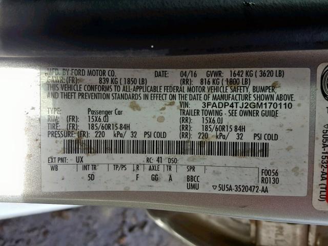 3FADP4TJ2GM170110 - 2016 FORD FIESTA S SILVER photo 10