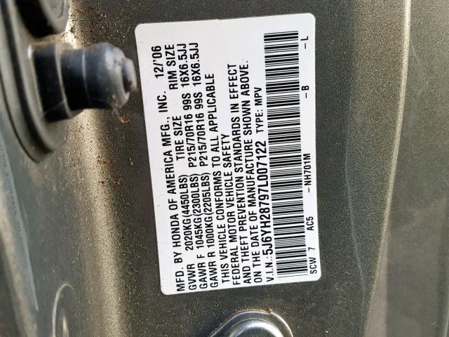 5J6YH28797L007122 - 2007 HONDA ELEMENT EX GRAY photo 10