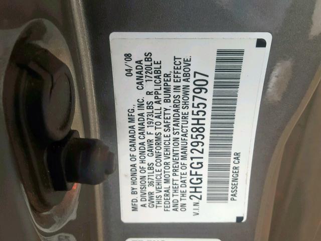 2HGFG12958H557907 - 2008 HONDA CIVIC EXL GRAY photo 10