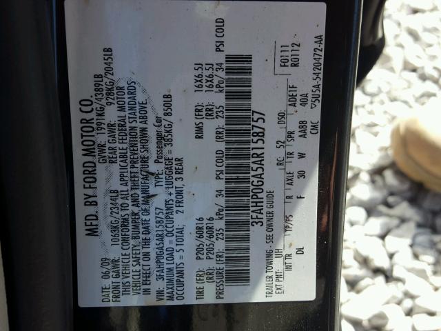 3FAHP0GA5AR158757 - 2010 FORD FUSION S BLACK photo 10