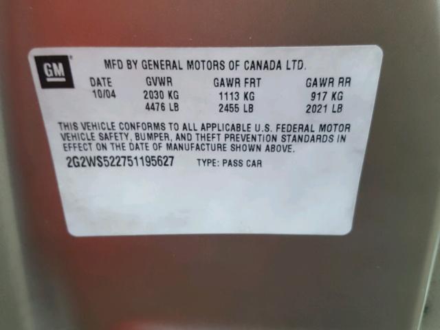 2G2WS522751195627 - 2005 PONTIAC GRAND PRIX GOLD photo 10