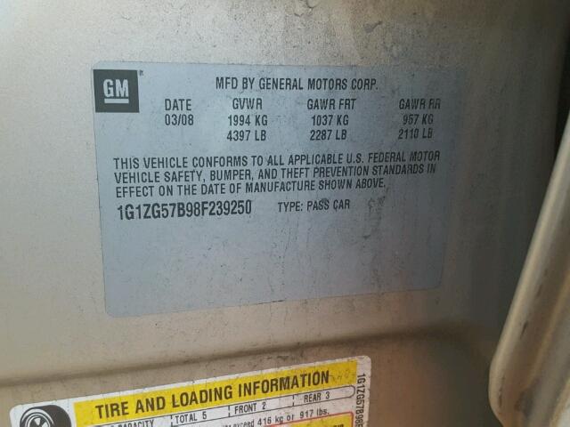 1G1ZG57B98F239250 - 2008 CHEVROLET MALIBU LS GOLD photo 10