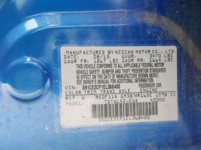 3N1CE2CP1EL368400 - 2014 NISSAN VERSA NOTE BLUE photo 10