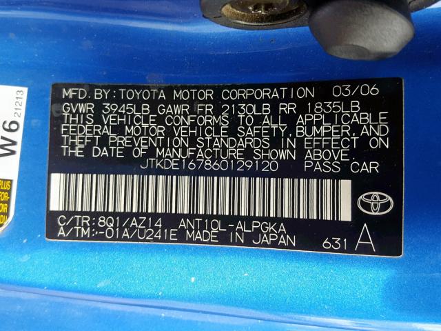 JTKDE167860129120 - 2006 TOYOTA SCION TC ლურჯი ფოტო 10