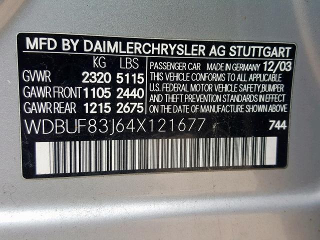 WDBUF83J64X121677 - 2004 MERCEDES-BENZ E 500 4MAT SILVER photo 10