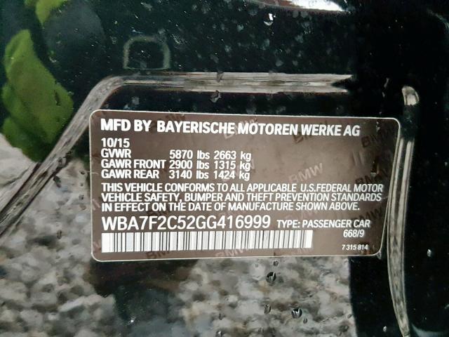 WBA7F2C52GG416999 - 2016 BMW 750 XI BLACK photo 10