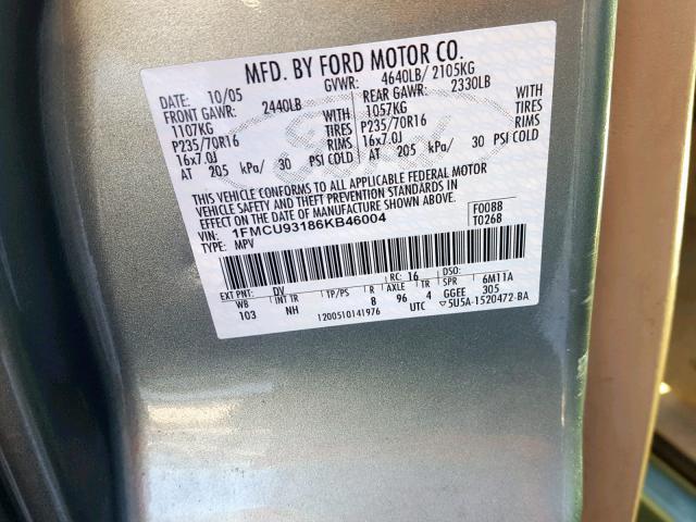 1FMCU93186KB46004 - 2006 FORD ESCAPE XLT GRAY photo 10