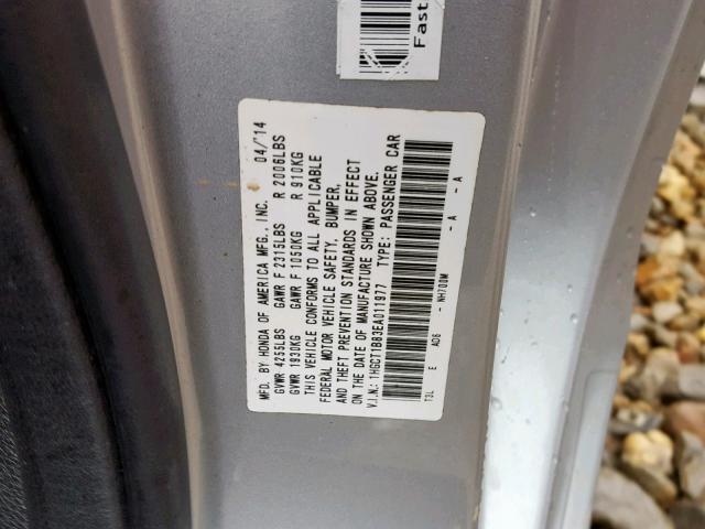 1HGCT1B83EA011977 - 2014 HONDA ACCORD EXL SILVER photo 10