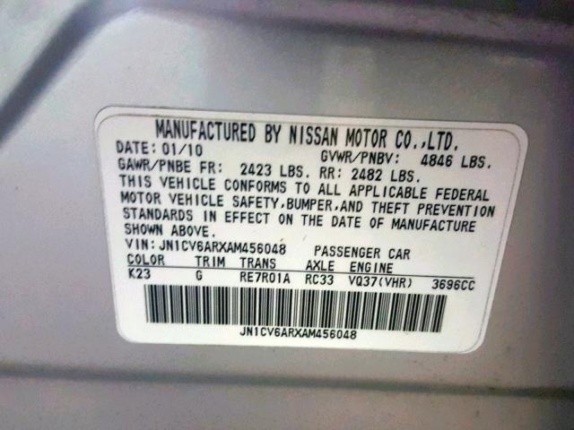 JN1CV6ARXAM456048 - 2010 INFINITI G37 SILVER photo 10