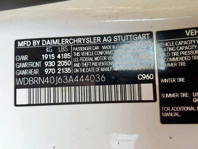 WDBRN40J63A444036 - 2003 MERCEDES-BENZ C 230K SPO WHITE photo 10