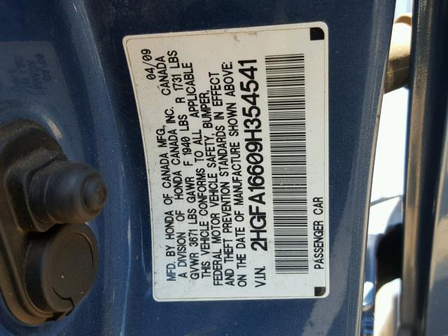 2HGFA16609H354541 - 2009 HONDA CIVIC LX-S ლურჯი ფოტო 10