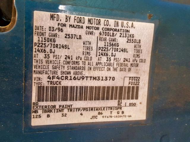 4F4CR16U9TTM31370 - 1996 MAZDA B3000 CAB GREEN photo 10