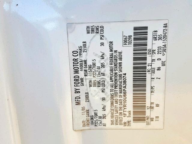 1FTYR10U66PA38074 - 2006 FORD RANGER WHITE photo 10