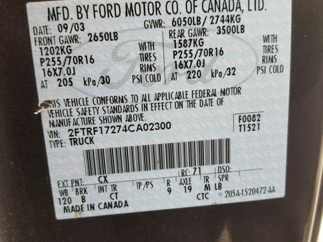 2FTRF17274CA02300 - 2004 FORD F-150 HERI GRAY photo 10