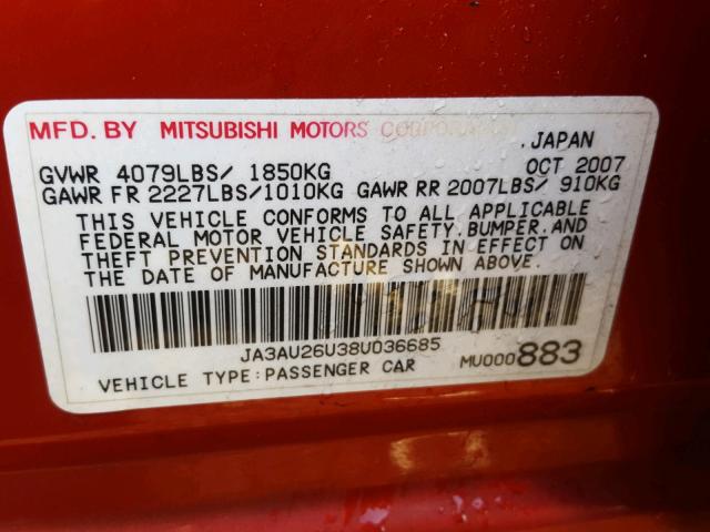 JA3AU26U38U036685 - 2008 MITSUBISHI LANCER ES RED photo 10