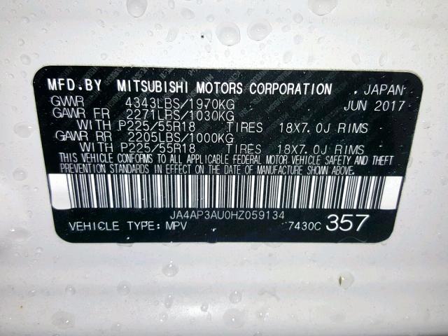 JA4AP3AU0HZ059134 - 2017 MITSUBISHI OUTLANDER WHITE photo 10