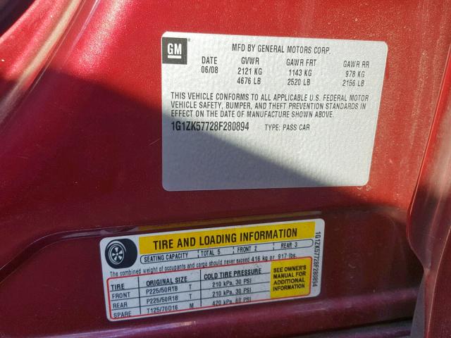 1G1ZK57728F280894 - 2008 CHEVROLET MALIBU LTZ წითელი ფოტო 10