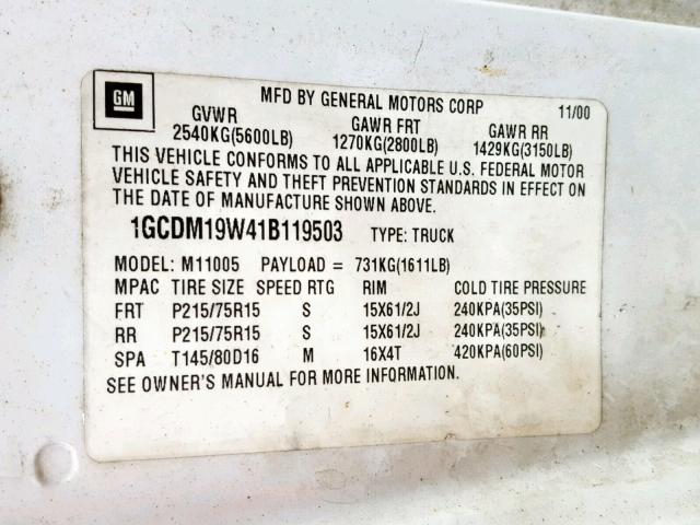 1GCDM19W41B119503 - 2001 CHEVROLET ASTRO WHITE photo 10