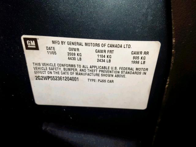 2G2WP552361204001 - 2006 PONTIAC GRAND PRIX BLUE photo 10