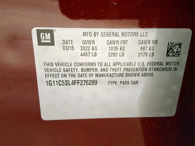 1G11C5SL4FF276289 - 2015 CHEVROLET MALIBU 1LT BURGUNDY photo 10