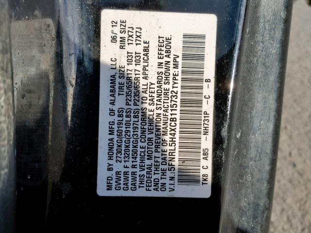 5FNRL5H4XCB115732 - 2012 HONDA ODYSSEY EX BLACK photo 10