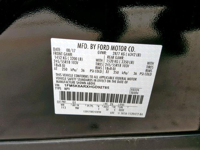 1FM5K8ARXHGD92785 - 2017 FORD EXPLORER P BLACK photo 10