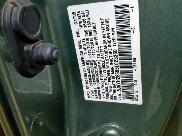 5J6YH28605L023360 - 2005 HONDA ELEMENT EX GREEN photo 10