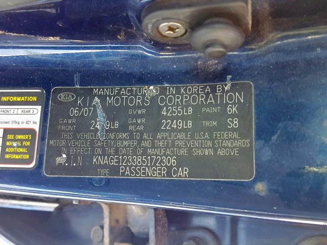 KNAGE123385172306 - 2008 KIA OPTIMA BLUE photo 10