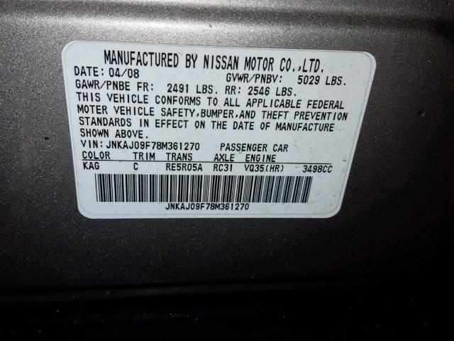 JNKAJ09F78M361270 - 2008 INFINITI EX35 BASE TAN photo 10