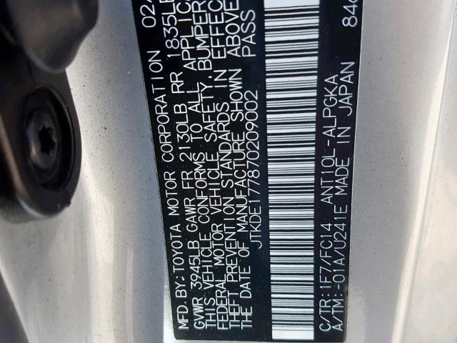 JTKDE177870209002 - 2007 TOYOTA SCION TC ვერცხლისფერი ფოტო 10