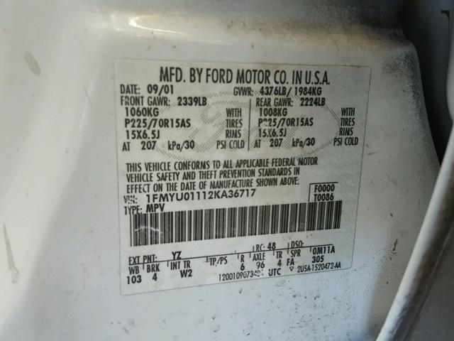 1FMYU01112KA36717 - 2002 FORD ESCAPE XLS WHITE photo 10