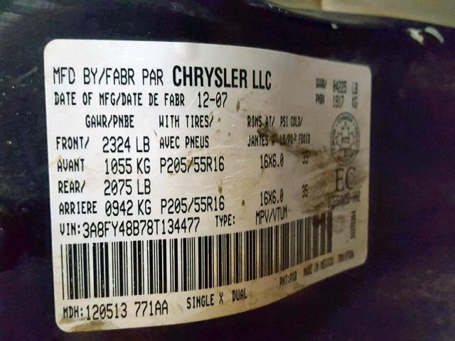 3A8FY48B78T134477 - 2008 CHRYSLER PT CRUISER BLACK photo 10