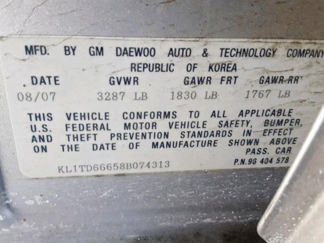 KL1TD66658B074313 - 2008 CHEVROLET AVEO BASE ვერცხლისფერი ფოტო 10