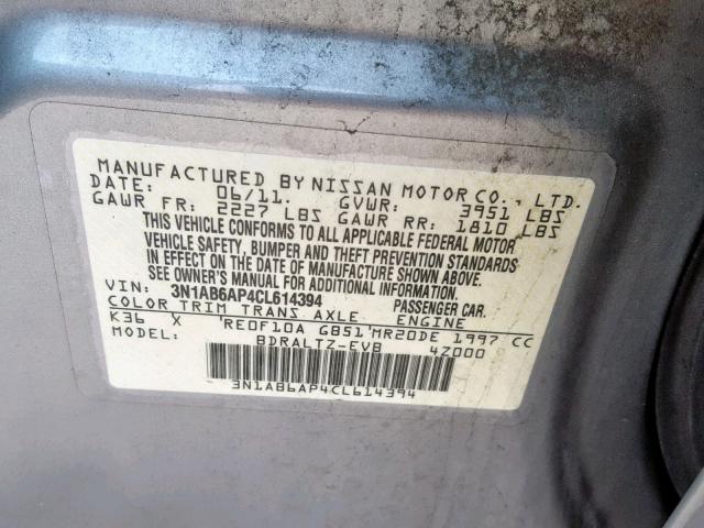 3N1AB6AP4CL614394 - 2012 NISSAN SENTRA 2.0 SILVER photo 10