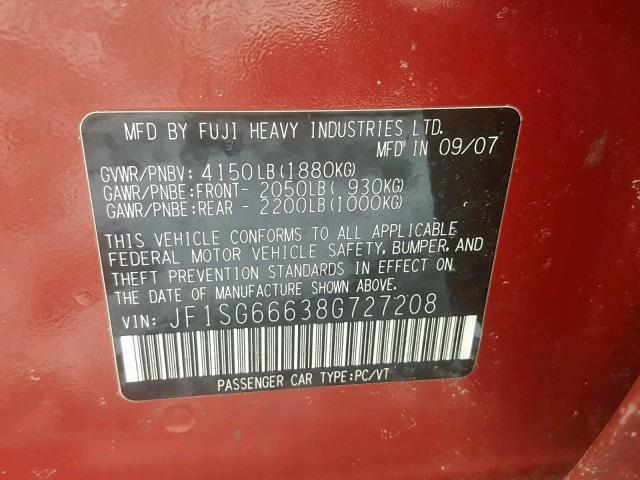 JF1SG66638G727208 - 2008 SUBARU FORESTER S 红色 照片 10