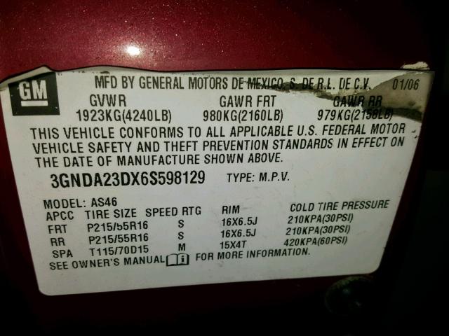 3GNDA23DX6S598129 - 2006 CHEVROLET HHR LT RED photo 10