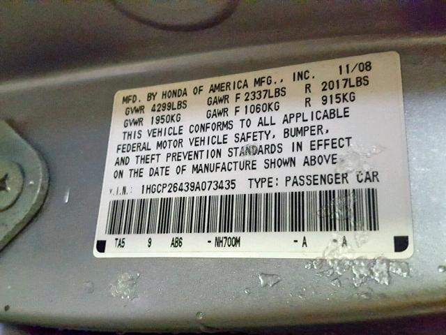 1HGCP26439A073435 - 2009 HONDA ACCORD LXP SILVER photo 10