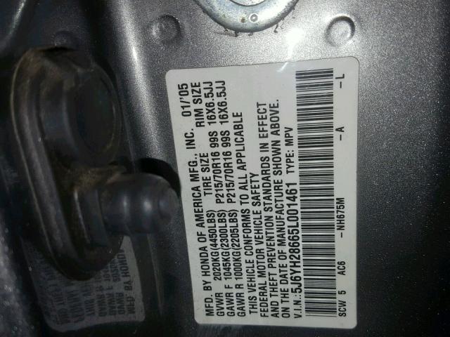 5J6YH28665L001461 - 2005 HONDA ELEMENT EX GRAY photo 10