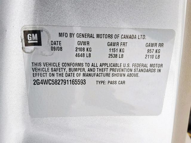 2G4WC582791165593 - 2009 BUICK LACROSSE C SILVER photo 10