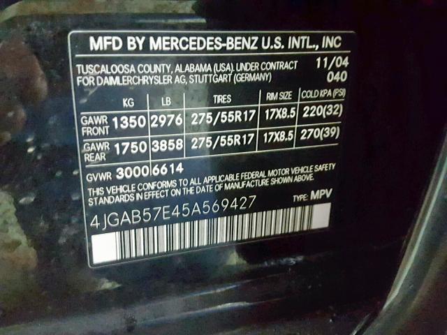 4JGAB57E45A569427 - 2005 MERCEDES-BENZ ML 350 BLACK photo 10