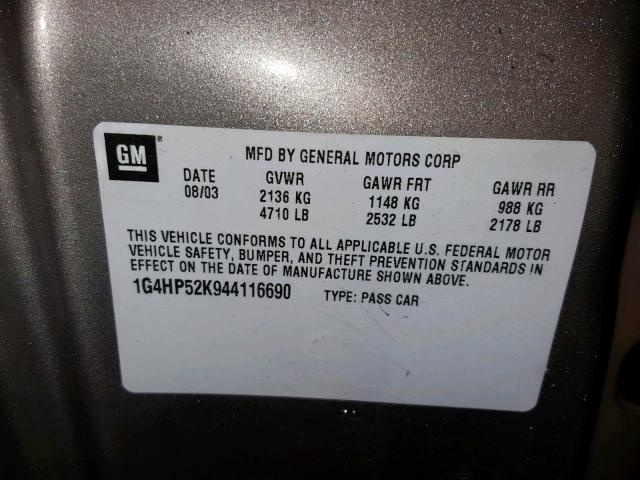 1G4HP52K944116690 - 2004 BUICK LESABRE CU BEIGE photo 10