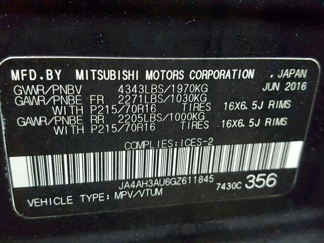 JA4AH3AU6GZ611845 - 2016 MITSUBISHI RVR SE BLACK photo 10