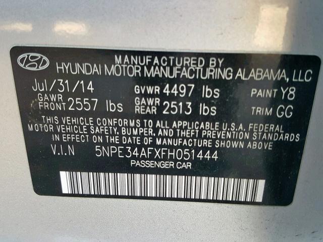 5NPE34AFXFH051444 - 2015 HYUNDAI SONATA SPO SILVER photo 10