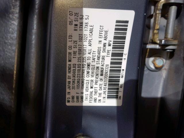 JHLRE48717C092328 - 2007 HONDA CR-V EXL GRAY photo 10