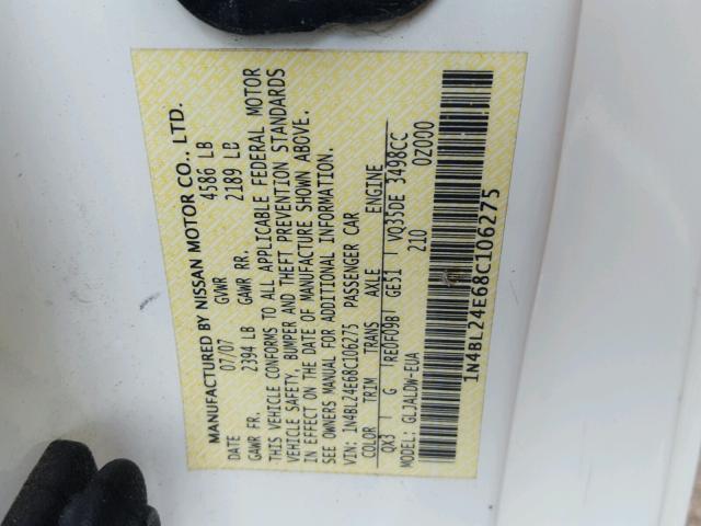 1N4BL24E68C106275 - 2008 NISSAN ALTIMA 3.5 WHITE photo 10