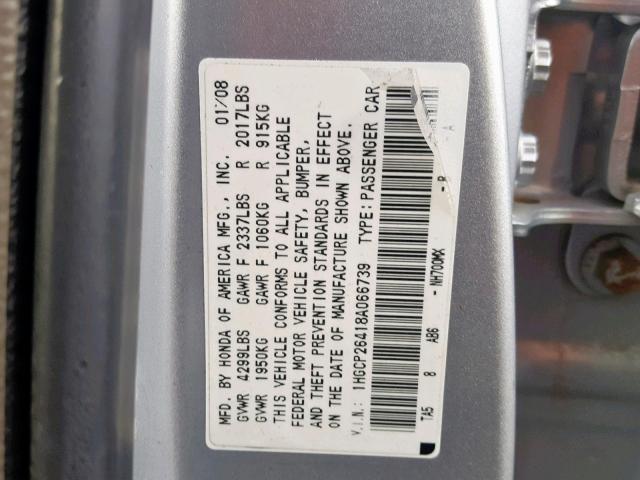 1HGCP26418A066739 - 2008 HONDA ACCORD LXP SILVER photo 10