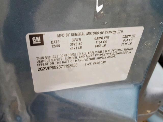 2G2WP552871192588 - 2007 PONTIAC GRAND PRIX BLUE photo 10